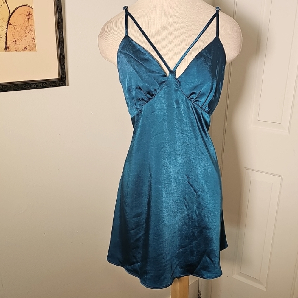Elegant Teal Satin Slip‎ Dress, Babydoll Adjustable Straps. Large